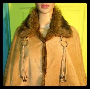 CAPE GENUINE LEATHER SUEDE  w FAUX FUR TRIM
